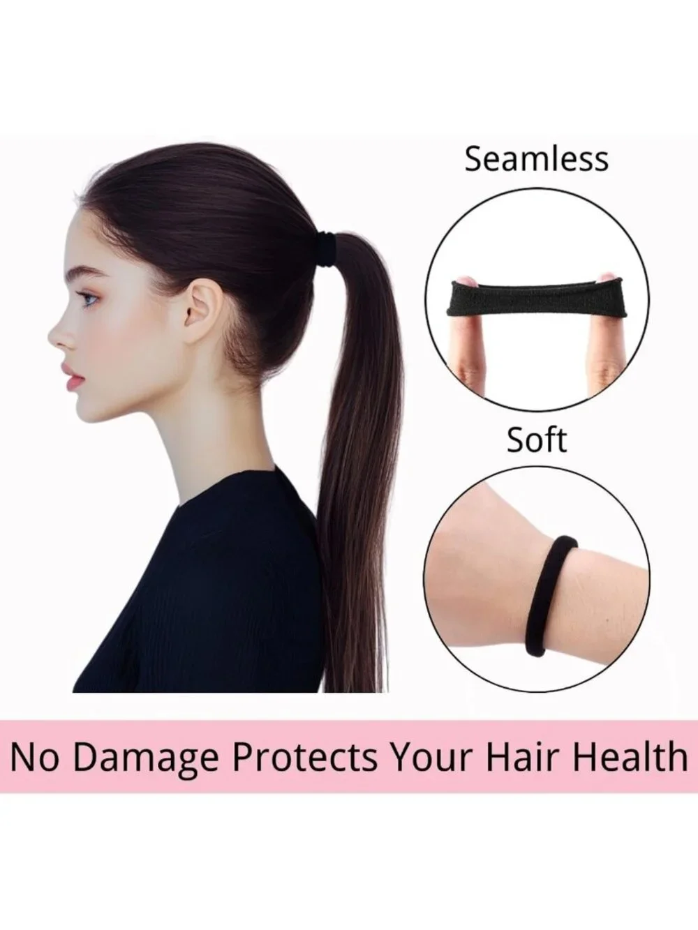 120PCS No Damage Black Hair Ties – Seamless Elastic Ponytail Holders for Thick